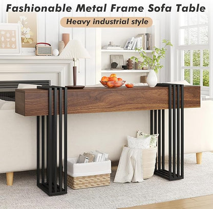knoworld 63 Inch Long Console Table, Extra Thick Industrial Sofa Table Behind The Couch Rectangular Entryway Table for Entrance Hallway Living Room, Entire top Board & 4-Pipe Legs, Rustic Brown