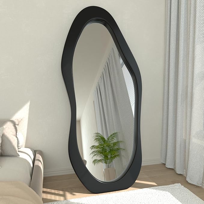 67"x 30" Irregular Wavy Full Length Mirror Black Wooden Framed Full Body Mirror Hanging/Leaning Wall Mounted Mirrors for Bedroom Living Room Cloakroom
