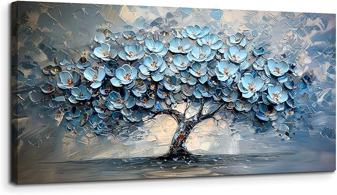 crmotu Tree of Life Large Wall Art for Living Room, Blue Floral Tree Abstract Canvas Prints Aesthetic Pictures, Modern Neutral Wall Decor for Bedroom Bathroom Office, Nature Botanical Decor 29"X57"