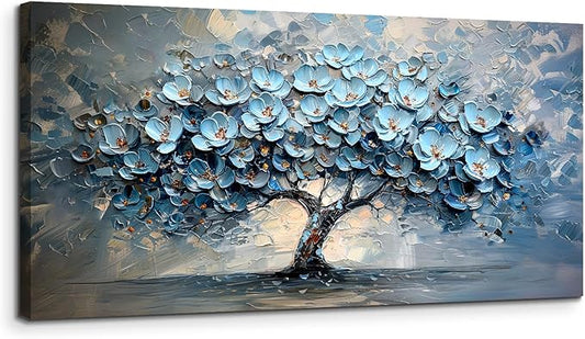 crmotu Tree of Life Large Wall Art for Living Room, Blue Floral Tree Abstract Canvas Prints Aesthetic Pictures, Modern Neutral Wall Decor for Bedroom Bathroom Office, Nature Botanical Decor 29"X57"