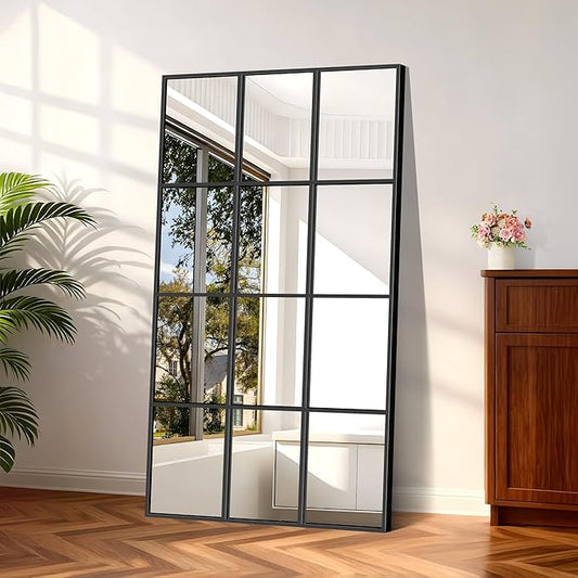 YIROMAN Window Pane Mirror, 30x55 Inch Black Rectangular Decorative Wall Mirror, Large Window Metal Framed Mirrors for Bedroom Living Room Fireplace Entryway, Hanging or Leaning Against Wall
