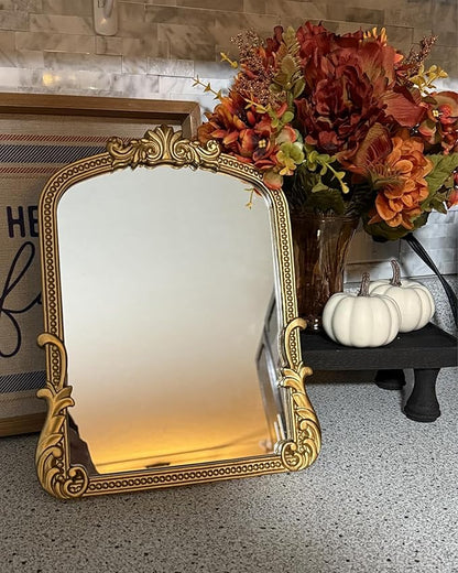 Vintage Vanity Small Mirror with Stand,Gold Decorative Mirrors for Wall,Antique Desk Eclectic Home Dresser Decor Small Mirror,Bathroom, Bedroom, Makeup Desk, Wall Entry,11.6" L x 9.0" W Gold