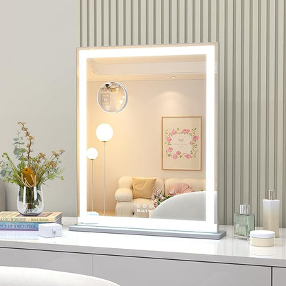 ANYHI Makeup Mirror with Lights, 24"x20.5" Lighted Vanity Mirror with 10X Magnifying, 3 Color Modes, Dimmable, Smart Touch Control, Memory Function, USB Charging Port, Tabletop/Wall Mount, Silver