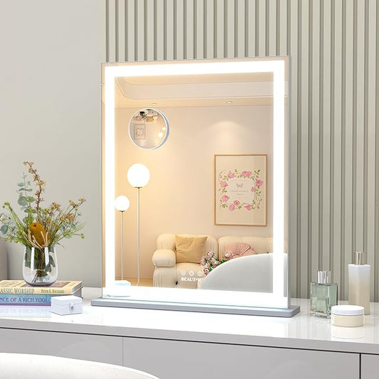 ANYHI Makeup Mirror with Lights, 24"x20.5" Lighted Vanity Mirror with 10X Magnifying, 3 Color Modes, Dimmable, Smart Touch Control, Memory Function, USB Charging Port, Tabletop/Wall Mount, Silver