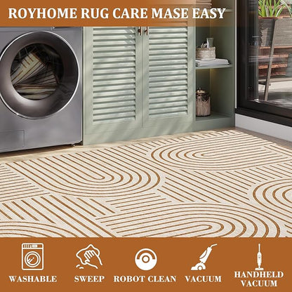 ROYHOME Washable Rug 4ft Area Rugs for Living Room, Abstract Rug for Bedroom, Soft Rainbow Non Slip Throw Rugs with Rubber Back, Low Pile Stain Resistant Boho Geometric Carpet for Dining Room,Orange