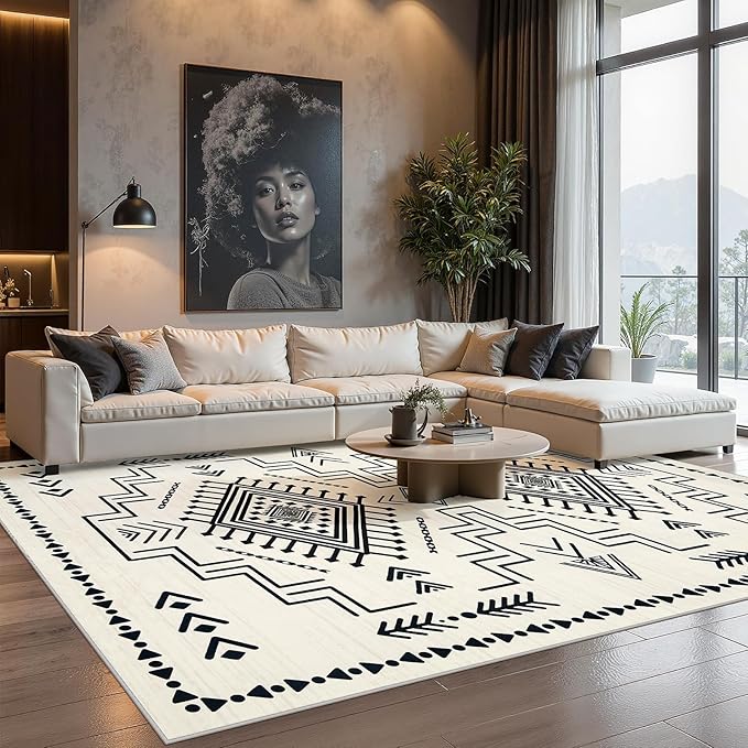 Joydeco Moroccan Rug 8x10 for Living Room, Modern Washable Area Rugs for Bedroom, Low Pile Western Carpet for Dining Room Table, Distressed Aztec Soft Carpet for Office Home Decor, Ivory