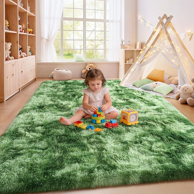 Fluffy Rugs for Living Room, Soft Shaggy Carpets for Living Room, Upgrade Anti-Slip Fuzzy Rugs for Kids' Room, Perfect Decor for Modern Home Tie Dye Green 6x9Feet