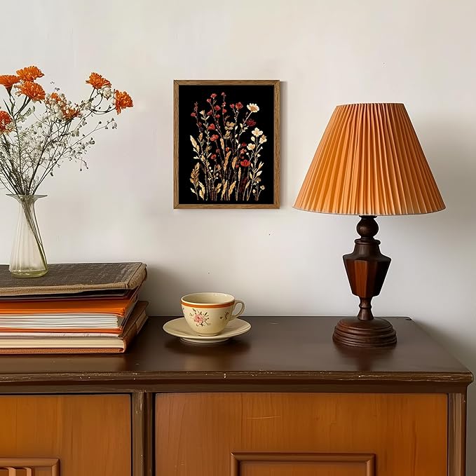 JLTULT Vintage Floral on Black Background Canvas Wall Art, Elegant Dark Wildflower Wall Decor, Botanical Painting Art Prints for Bedroom Bathroom Living Room Office 8x10 In Wood Framed Easy to Hang