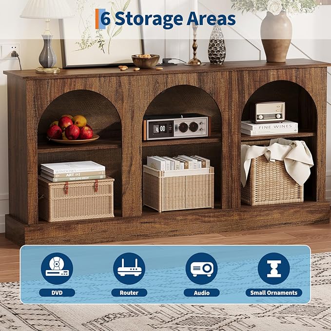 63" Arched TV Stand with Power Outlets, Console Table with Charging Station for Entryway Living Room, 3-Tier Modern Entertainment Center for 65 70 Inch TV, Media Console with Open Shelves, Brown