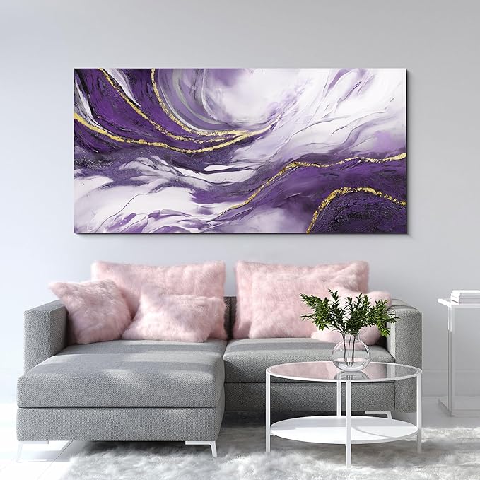 yiijeah Large Wall Art for Living Room - Canvs Artwork for Living Room - Purple and Gold Abstract Canvas Wall Decor - Modern Frame Wall Decor for Bedroom Office Picture Home Decor