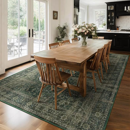 Dark Green 9x12 Large Area Rug for Living Room, Washable Low Pile Rug for Dining Room Under Table, Non Slip Thin Big Carpet Rugs for Bedroom, Moody Green with Brown Accents