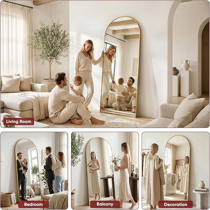 Antok Full Length Floor Mirror Arched Standing Mirror with Aluminum Frame - Freestanding Wall Mount Leaning Body Mirror for Bedroom Living Room Entryway, 71" L x 32" W, Gold