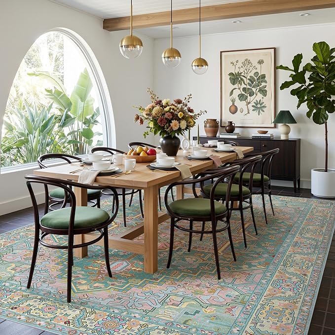 Kokia 9x12 Washable Turquoise Teal Area Rugs with Vintage Orient Design, Soft Rug for Living Room or Bedroom, Non-Slip Low Pile Stain Resistance Features, Distressed Medallion Pattern