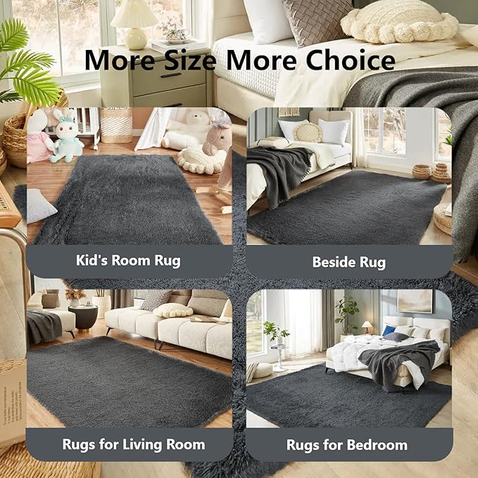 Floralux 5x7 Large Shag Area Rugs for Living Room, Bedroom, Dark Grey Soft Fluffy Shaggy Bedside Rug, Indoor Floor Carpet for Kids Girls and Boys