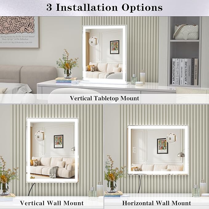 ANYHI Makeup Mirror with Lights, 24"x20.5" Lighted Vanity Mirror with 10X Magnifying, 3 Color Modes, Dimmable, Smart Touch Control, Memory Function, USB Charging Port, Tabletop/Wall Mount, White
