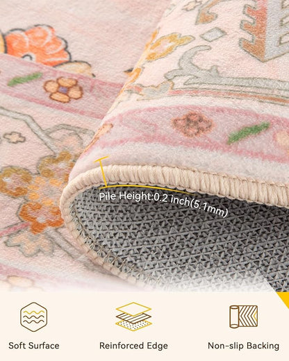 RELEANY Area Rugs Round 5ft Washable Non-Slip, Floral Vintage Distress Print Pattern Medallion Carpet for Living Room Bedroom Dining Room, Light Pink Colorful