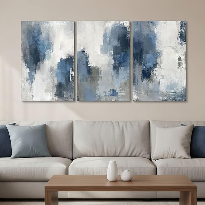 Zessonic Abstract Navy Blue Grey Framed Canvas Wall Art - Modern Minimalist Paintings Brush Stroke Artwork for Home Decor, Living Room Bedroom Office - 16x24 Inch Set of 3