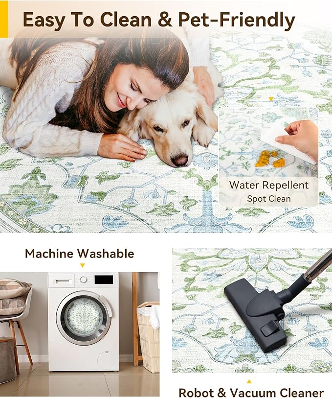 RELEANY Area Rugs Round 5ft Washable Non-Slip, Floral Vintage Distress Print Pattern Medallion Carpet for Living Room Bedroom Dining Room, Green White Blue