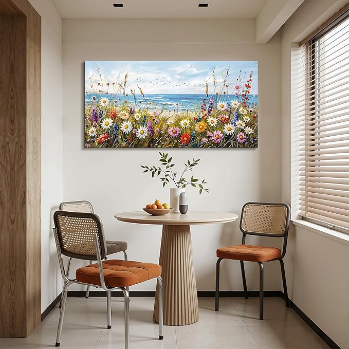 SERIMINO Oversized Wall Art, Flower Wall Art, Coastal Wall Decor, Beach Daisy Canvas Art Prints, Nature Landscape Large Painting, Floral Pictures for Living Room Dining Room Modern Farmhouse 29"x57"