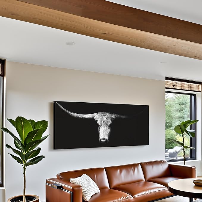 LevvArts Large Size Longhorn Cow Canvas Wall Art Black and White Western Cattle Portrait Photo Painting Artwork for Man Cave Home Office Living Room Decor 20"x48"
