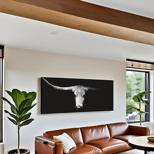 LevvArts Large Size Longhorn Cow Canvas Wall Art Black and White Western Cattle Portrait Photo Painting Artwork for Man Cave Home Office Living Room Decor 20"x48"