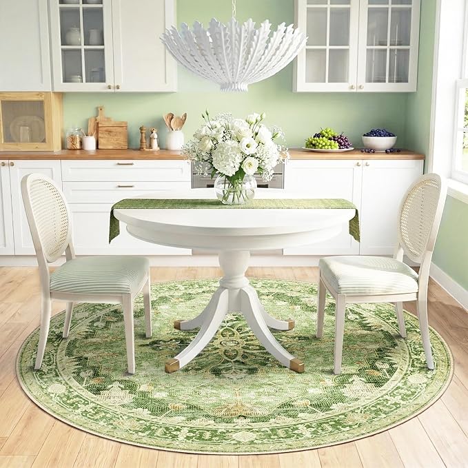 RELEANY Area Rugs Round 6ft Washable Non-Slip, Floral Vintage Distress Print Pattern Medallion Carpet for Living Room Bedroom Dining Room, Sage Green Yellow