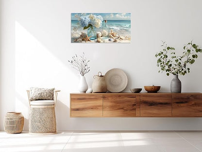 TutuBeer 1 Panel Blue Ocean Beach Bathroom Canvas Wall Art Seaside Seashell Painting Print Artwork Starfish with White Flower Coastal Bathroom Canvas Wall Art for Living Room Bedroom Bathroom 12"x24"