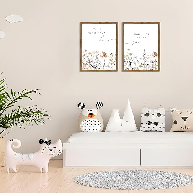 Wood Framed Wildflower Nursery Wall Art Set of 2, Boho Flower Botanical Wall Decor Paintings, Baby Girl Nurseries Pictures Posters Prints for Nursery Baby Room Bedroom Home Decoration 12x16 Inch