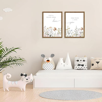 Wood Framed Wildflower Nursery Wall Art Set of 2, Boho Flower Botanical Wall Decor Paintings, Baby Girl Nurseries Pictures Posters Prints for Nursery Baby Room Bedroom Home Decoration 16x24 Inch