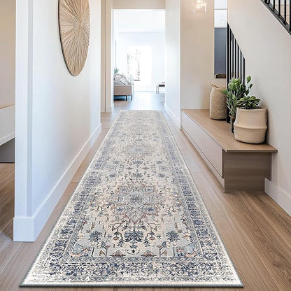 BESTSWEETIE 2x10 Area Rug Washable Rugs for Living Room, No Pile Boho Carpet for Entryway Bedroom Dinning Room, Vintage Carpet Print Distressed Non-Slip, 2 x 10 ft, Beige Blue