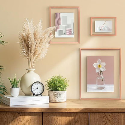 Frametory, Floating Picture Frames Set - Rose Gold Metal Photo Frames - Real Glass - Display One 11x14, Two 8x10, and Four 5x7 Inch Photos for Home Decoration