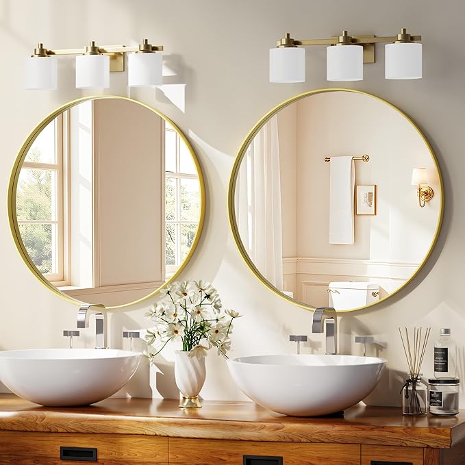 30 inch Round Bathroom Mirror, Gold Metal Deep Frame Wall Mounted Circle Mirror for Wall Decor, Living Room, Vanity, Entryway, Hanging or Leaning