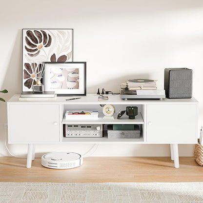 Cozy Castle TV Stand for 48-55 Inch TV, Mid Century Modern Entertainment Center with Storage Cabinet, TV Media Console with Charging Station for Living Room (White, 42.5" W x 15.7" D x 19.7" H)