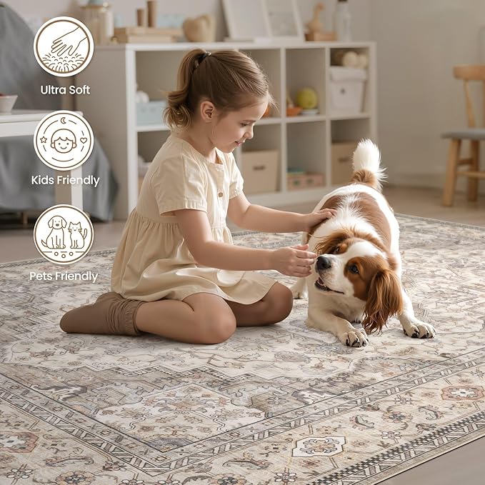 EIEIHOUSE Washable Area Rugs for Living Room - 10x14 Neutral Vintage Distressed Floral Farmhouse Boho Large Soft Floor Rug Indoor Non Slip Carpet for Bedroom Dining Room Office - Brown/Multi