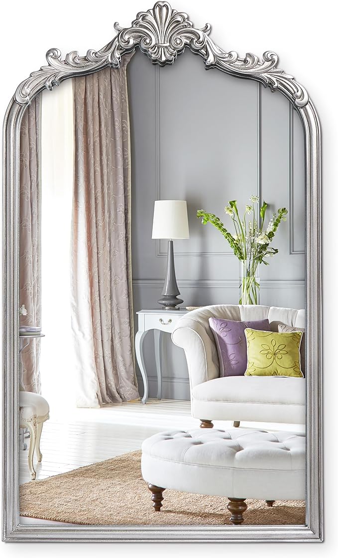 Wylde Iris English Estate Carved Arch Wood Wall Mirror, Mirror for Entryway, Living Room, Bathroom, Antique Silver, 20.4x33
