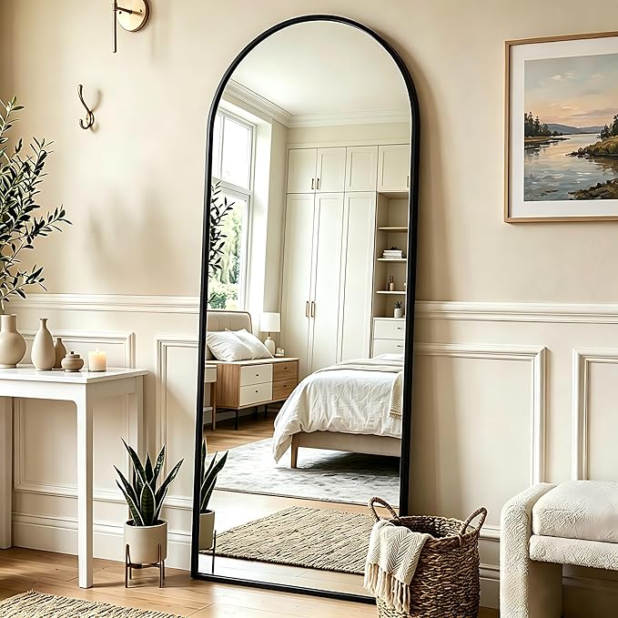 MISSDAY 64"x24" Arched Full Length Mirror, Full Body Mirror with Stand, Floor Mirror Long Free Standing, Leaning or Hanging, Aluminum Thin Frame Wall-Mounted Mirrors Wall Mirrors for Bedroom, Black