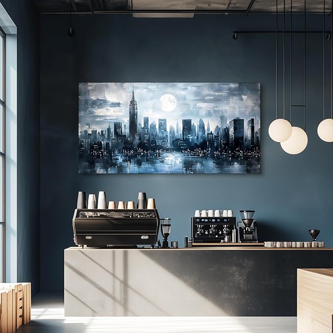 SERIMINO New York Skyline Wall Art Prints, City Night Landscape Large Canvas Painting, Abstract Urban Architecture Aesthetic Wall Pictures for Living Room Bedroom, Modern Office Decorations 29X57 Inch