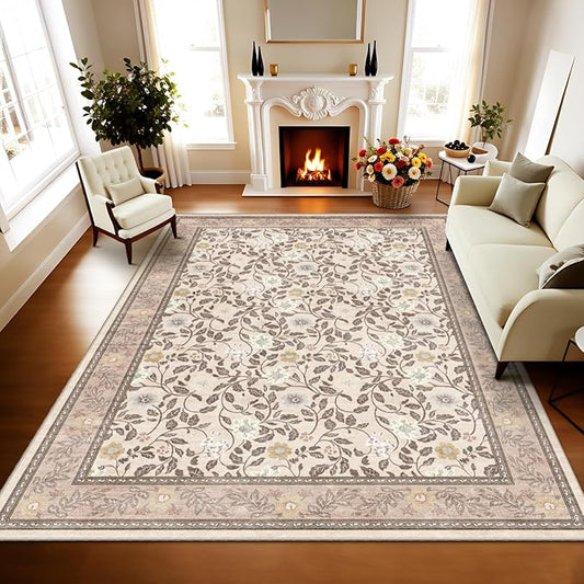 6x9 Area Rug,Floral Rugs for Living Room Bedroom,Low Pile Soft Large Carpet with Non Slip Machine Washable Boho Vintage Rug for Dining Room,Brown