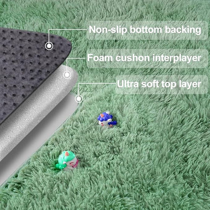 qulint Bedroom Area Rug 4x6, Fluffy Soft Shag Sage Green Rugs for Living Room, Fuzzy Plush Small Carpet for Nursery Shaggy Alfombra for Boys and Girls Dorm Kid Room Home Decor (4ft x 6ft, Sage Green)