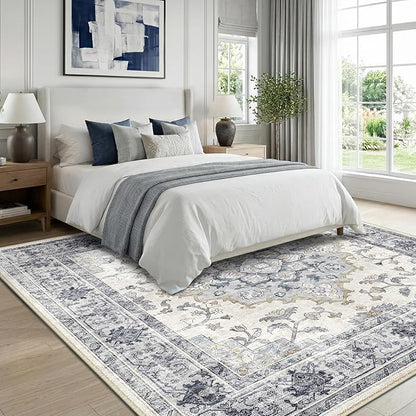 CAPALOCA Machine Washable Rugs Nursery Rug Sq8ft Cute Girl Non Slip Low Pile Water Repellent Soft Print Pattern for Bedroom Indoor Decor Kids Playroom Blue White