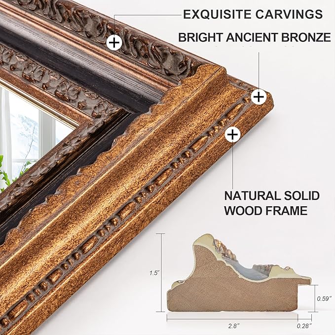 Large Vintage Mirror 53" X 37.5" for Bathroom, Black-Bronze Handmade Aging Ornate Wood Frame Mirror for Bedroom, Fireplace, Dining Room and Living Room