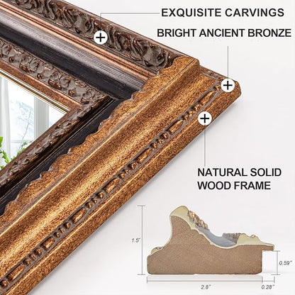 Bronze Accent Mirror 41.5" X 30", Antique Mirror | Handmade Aging 3D Carvings Wood Frame | Vintage Farmhouse Decor for Entryway, Living Room, Bathroom and Bedroom