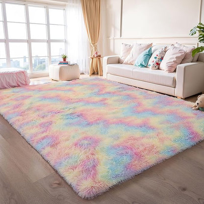 KICHOWUA Area Rug 5x7 Rainbow Fluffy Shag for Girls Bedroom,Ultra Soft Unicorn Plush Fuzzy Washable Thickened Non-Slip Carpet, Pastel Furry Shaggy Rug for Living Room Kids Boys Nursery Dorm