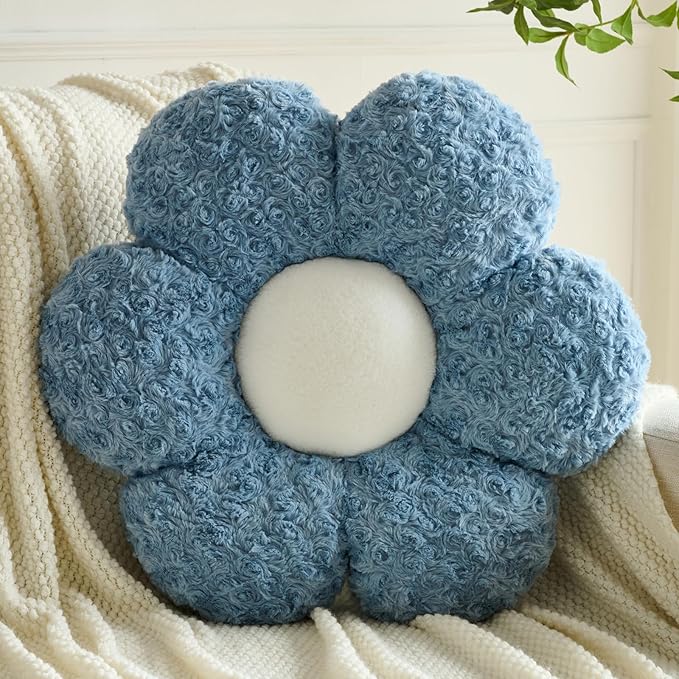 Flower Pillows, Decorative Throw Pillow with Soft Plush for Couch, Flower Shaped Pillow Home Decor Daisy Pillow for Bed (Grey Blue, 19.6 Inches)