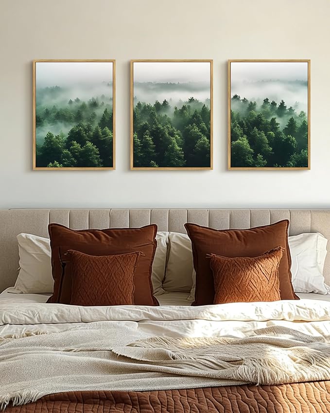 PHOPAGO Green Fog Pine Tree Framed Wall Art Nature Misty Nordic Forests Artwork Morden Paints Bedroom Living Room Home Decor - 12x16in Natural Framed