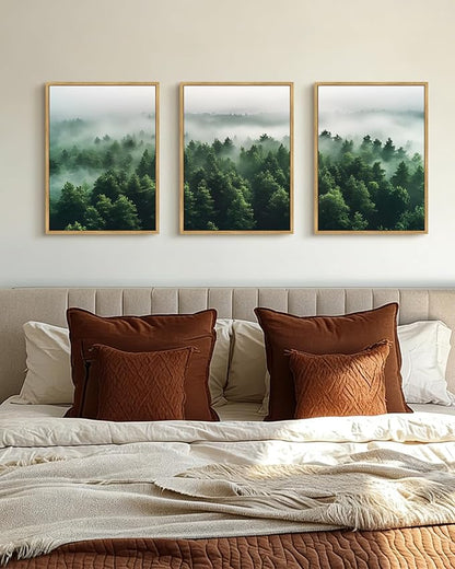 PHOPAGO Green Fog Pine Tree Framed Wall Art Nature Misty Nordic Forests Artwork Morden Paints Bedroom Living Room Home Decor - 12x16in Natural Framed