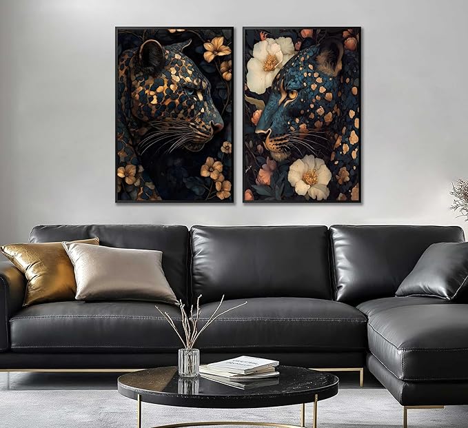 Dark Cheetah Canvas Wall Art Moody Blue and Gold Leopard Wildlife Animal Flower Pictures Painting Wall Decor Poster Print Artwork for Living Room Bedroom Decoration Unframed