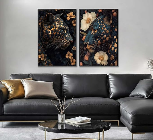 Dark Cheetah Canvas Wall Art Moody Blue and Gold Leopard Wildlife Animal Flower Pictures Painting Wall Decor Poster Print Artwork for Living Room Bedroom Decoration Unframed