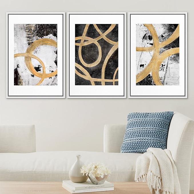 SIGNLEADER Framed Canvas Print Wall Art Set Gold Black Circle Ring Spiral Collage Abstract Shapes Illustrations Modern Art Decorative Contemporary for Living Room, Bedroom, Office - 24"x36"x3 WHITE