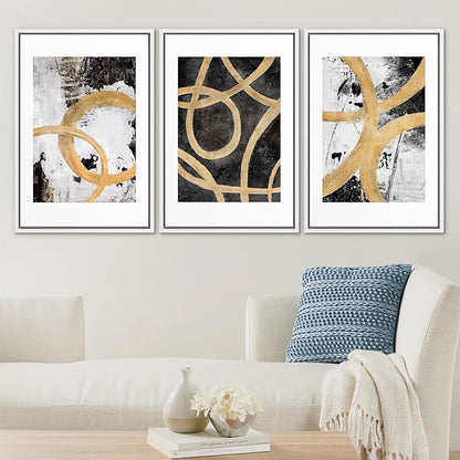 SIGNLEADER Framed Canvas Print Wall Art Set Gold Black Circle Ring Spiral Collage Abstract Shapes Illustrations Modern Art Decorative Contemporary for Living Room, Bedroom, Office - 24"x36"x3 WHITE